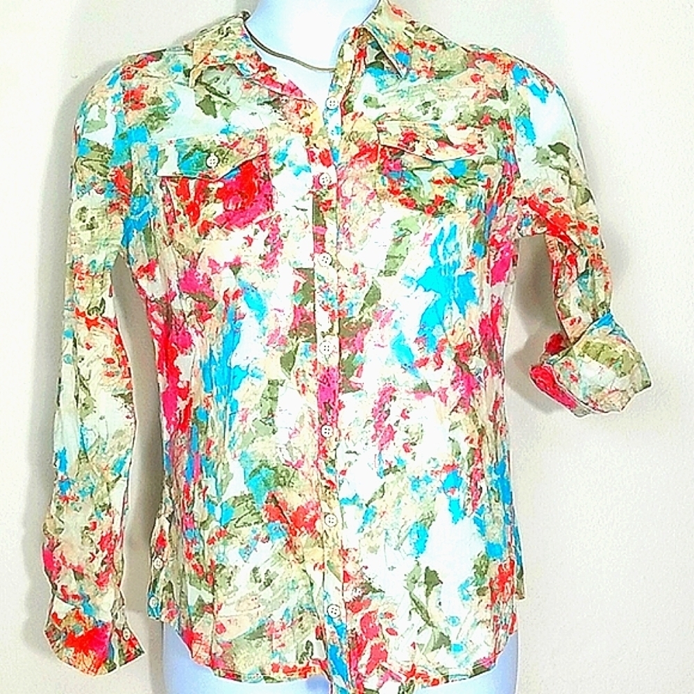 Relativity Abstract Floral Print Button Tab Blouse Pink Blue Green Long Sleeve M